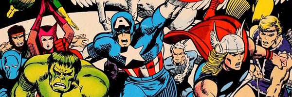 Vintage comic book style illustration featuring a group of superhero characters posing dynamically together.