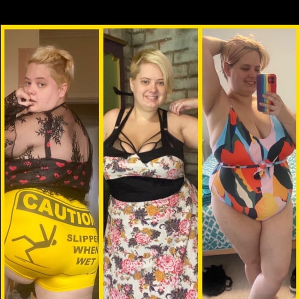 Collage of a woman with short blonde hair posing in various outfits including lace tops, harness-style dresses, and colorful swimsuits in indoor settings.