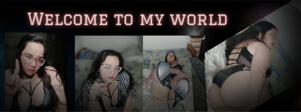A series of photos showing a woman in various poses wearing lingerie and glasses, with a welcome message overlay on a dark background.