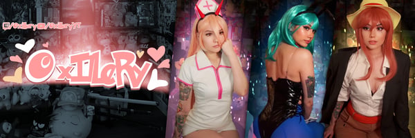 Collage of three women in colorful cosplay costumes including nurse, teal-haired character, and orange-haired figure, with pink text overlay.