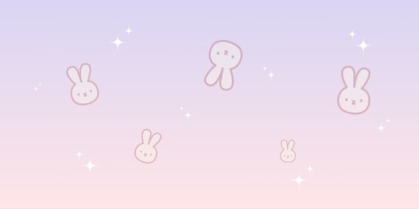 Cute pink bunny illustrations floating on a pastel purple and pink gradient background with sparkles.