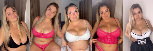 A woman with blonde hair posing in various lingerie outfits, smiling confidently in multiple shots.