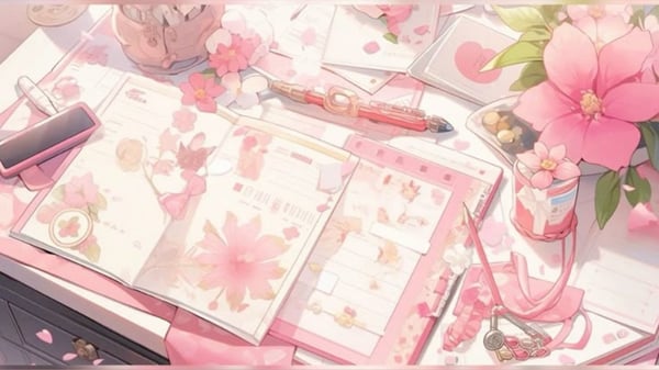 Aesthetic flatlay of an open notebook, pink flowers, pens, and cute stationery arranged on a desk with a soft pastel background.