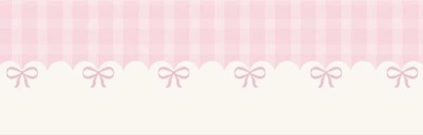 Pink checkered pattern with decorative bows and scalloped edges on a soft white background.