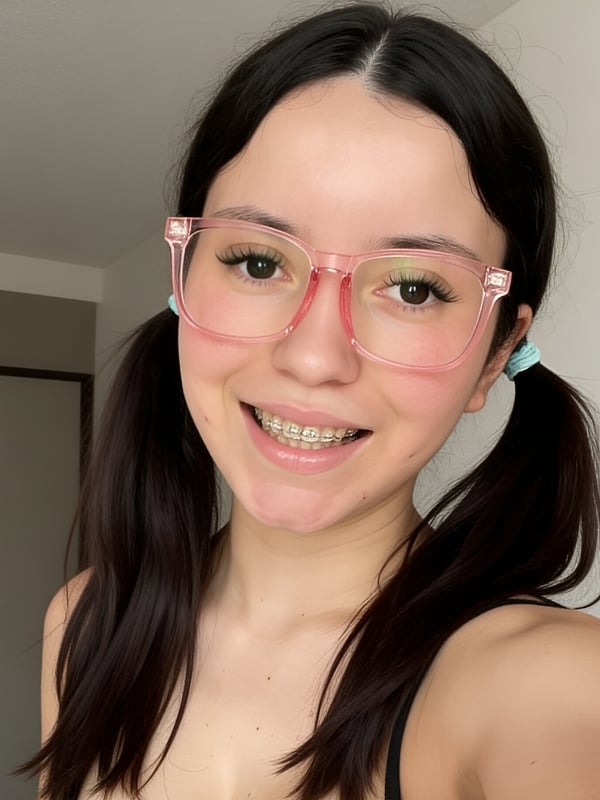 Young woman with pink glasses, pigtails, and braces smiling in a close-up selfie.
