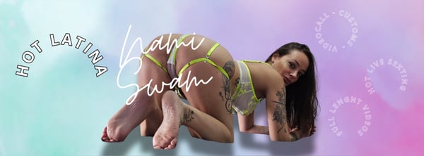 Woman posing on the floor in bright lingerie with colorful background and text overlays highlighting her Latina identity.