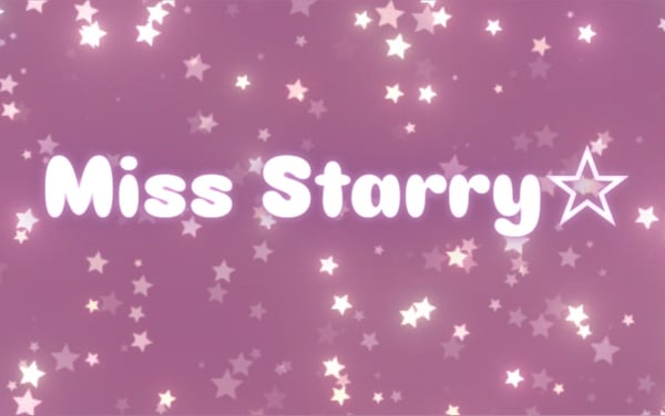 Purple sparkling background with the text 'Miss Starry' in large white letters and star graphics.