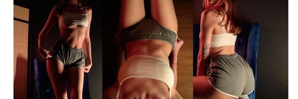 A young woman in athletic wear posing in various yoga and stretching positions indoors against a dark background.