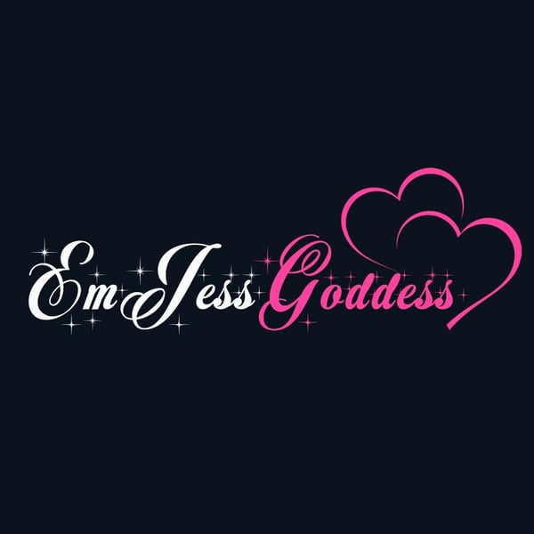 Stylized text overlay reading 'Em Jess Goddess' in elegant white and pink cursive font with heart accents on a dark background.