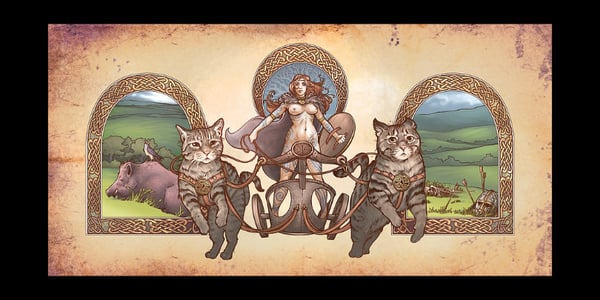 Artistic illustration of a mythical goddess figure with red hair, standing in a chariot pulled by cats, surrounded by a pastoral landscape with animals.