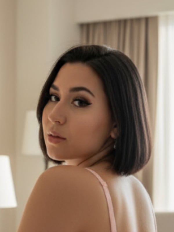 A woman posing confidently in a softly lit room with curtains and lamps.