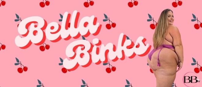 A woman standing confidently in a pink swimsuit with cherries and her name styled in large letters on a vibrant pink background.