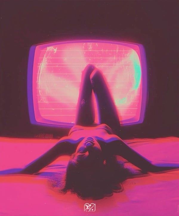 A woman reclining on a bed in front of a glowing pink retro television with neon lighting effects.