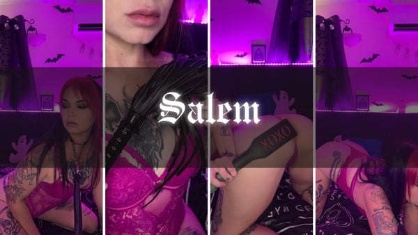 Collage of a woman with red hair and tattoos posing in gothic attire with bats, whips, and purple lighting in a spooky bedroom setting.