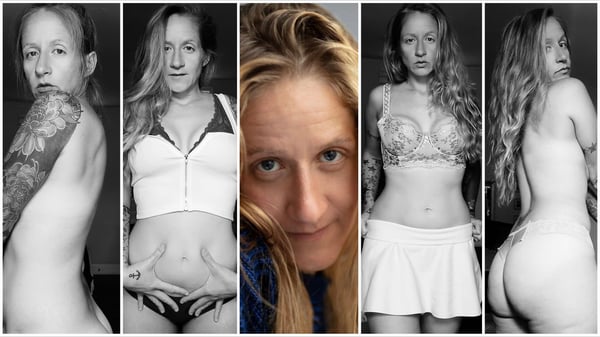 Black and white collage of a woman with tattoos posing in lingerie and casual outfits, showing various angles and expressions.