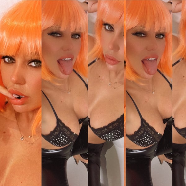 Woman with vibrant orange hair posing playfully in black lace lingerie, multiple angled shots highlighting her confident expressions.