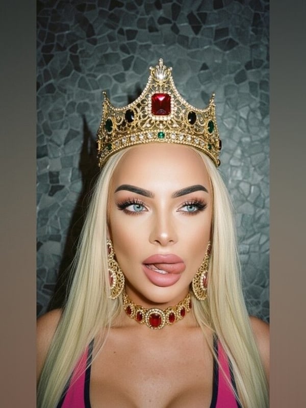 A woman with long blonde hair wearing a large ornate crown and jewelry, posing with her tongue out against a textured stone background.