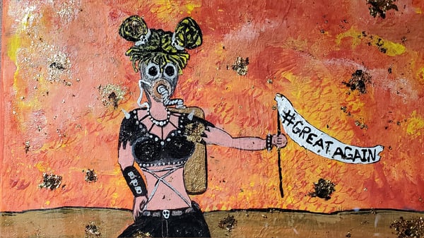 Artistic illustration of a woman in punk attire with gas mask, holding a flag against a fiery background.