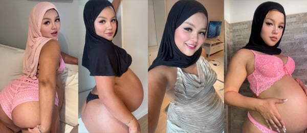 A collage of four photos showing a person in modest attire posing indoors, highlighting a pregnant belly.