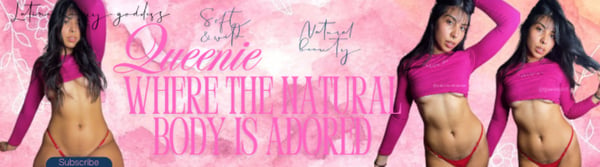 Multiple images of a woman posing confidently in pink crop tops and bottoms against a vibrant pink background with text overlay promoting natural body positivity.