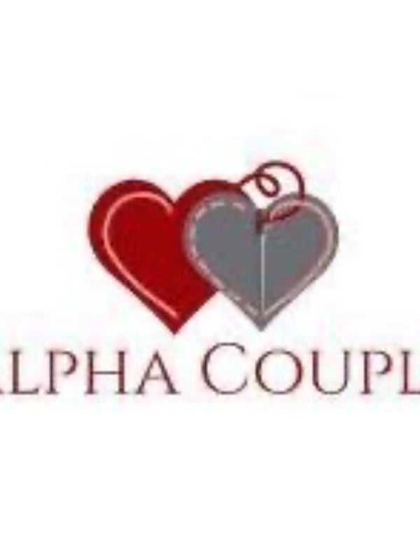 Graphic design featuring red and gray interlocking hearts with 'Alpha Couple' text.