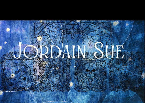 Artistic gothic design featuring intricate blue patterns, glowing elements, skulls, and the creator's name in bold white lettering.
