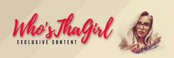 Artistic banner featuring a stylized text overlay 'Who's Tha Girl Exclusive Content' with a close-up portrait of a woman wearing glasses and smiling softly against a beige gradient background.