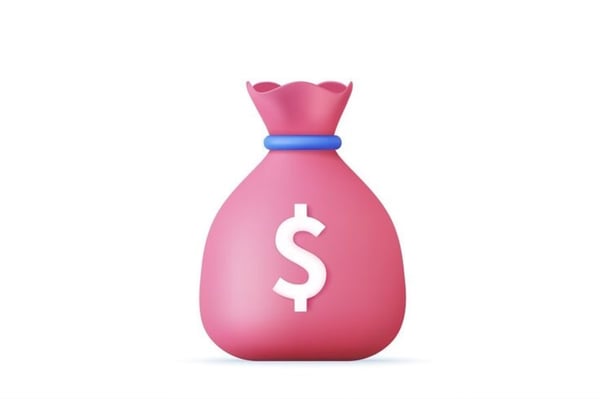 A pink 3D rendered money bag with dollar signs and a blue ribbon.