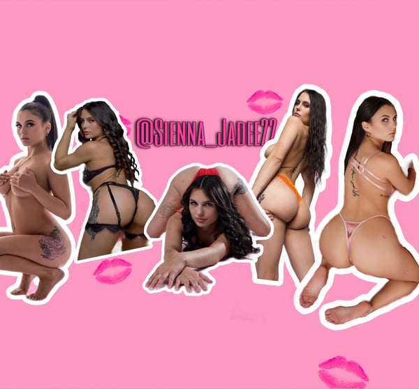 Collage of a young woman in colorful lingerie and swimwear posing playfully on a pink background with kiss marks and text overlays.