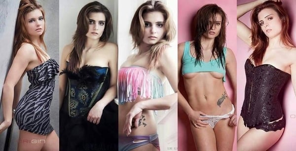 A series of five portraits of a young woman with long brown hair posing confidently in various stylish outfits against neutral backgrounds.