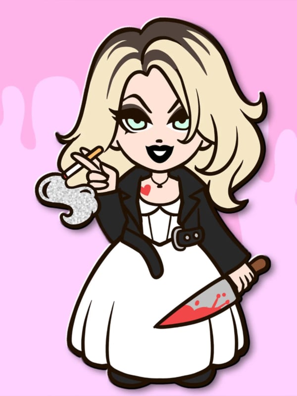 Chibi-style cartoon of a blonde woman in a black jacket and white dress holding a knife, posed against a pink background with stylized drips.