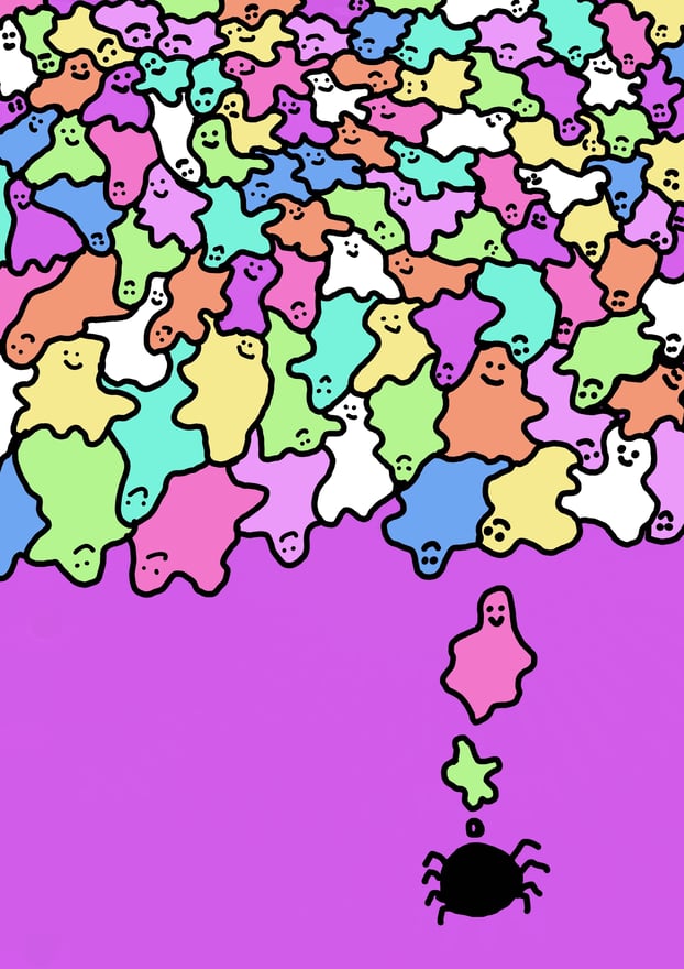Vibrant abstract artwork featuring multicolored blob-like shapes resembling ghosts on a purple background with a black spider.