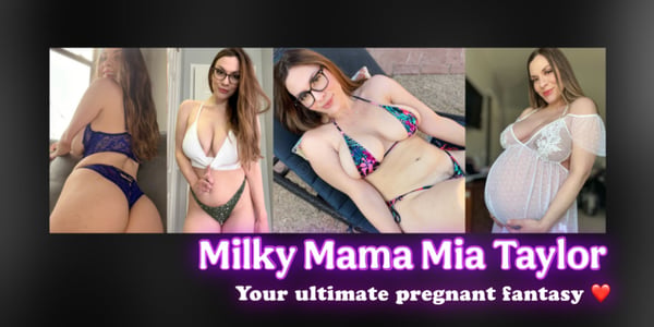 A woman posing in various swimsuits and lingerie, showcasing her pregnant figure in multiple settings with text overlay promoting her profile.