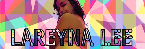 A woman with long dark hair smiling over her shoulder, surrounded by vibrant geometric patterns and her colorful stylized name.