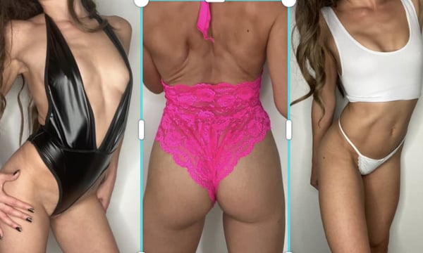 A woman posing in three different outfits: black lingerie, pink lace lingerie from behind, and a white top with bottoms, showcasing her figure against a plain background.