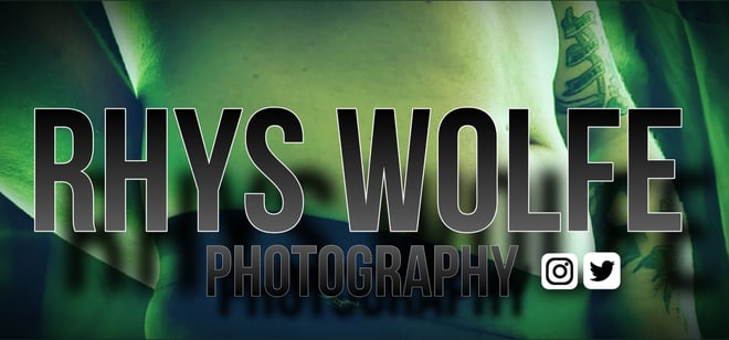 Stylized green-tinted graphic design featuring the name 'Rhys Wolfe Photography' with overlaid text and abstract elements.