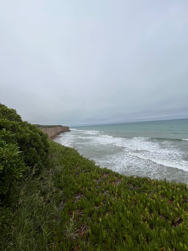 Scenic view of ocean waves crashing against a rocky cliffside with green vegetation in the foreground under a cloudy sky.