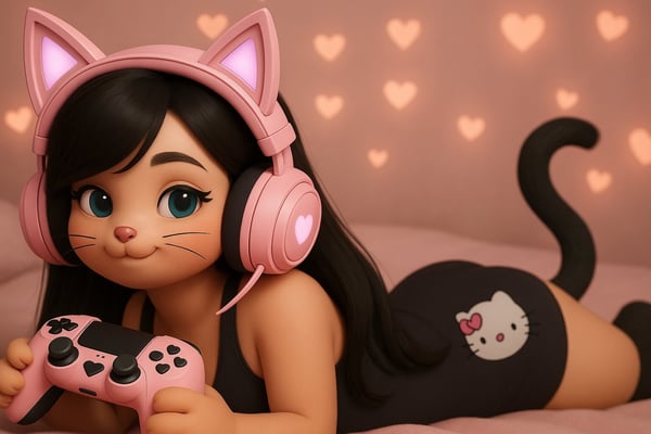 Animated character dressed as a cat girl with pink headphones, holding a game controller while lounging on a soft surface with heart-shaped lights in the background.