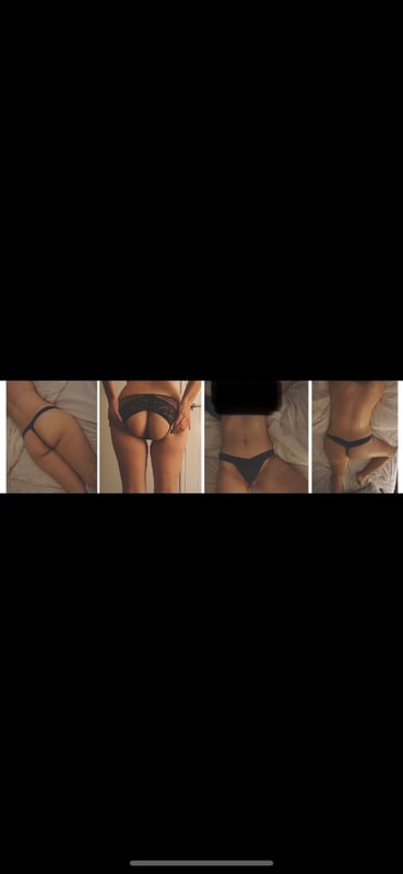 A woman posing in lingerie in multiple shots, standing and lying down against a simple background.