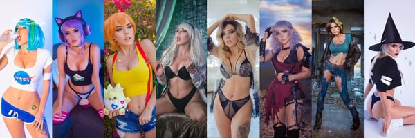 Collage of a woman in various colorful cosplay outfits and costumes posing dynamically in different settings.