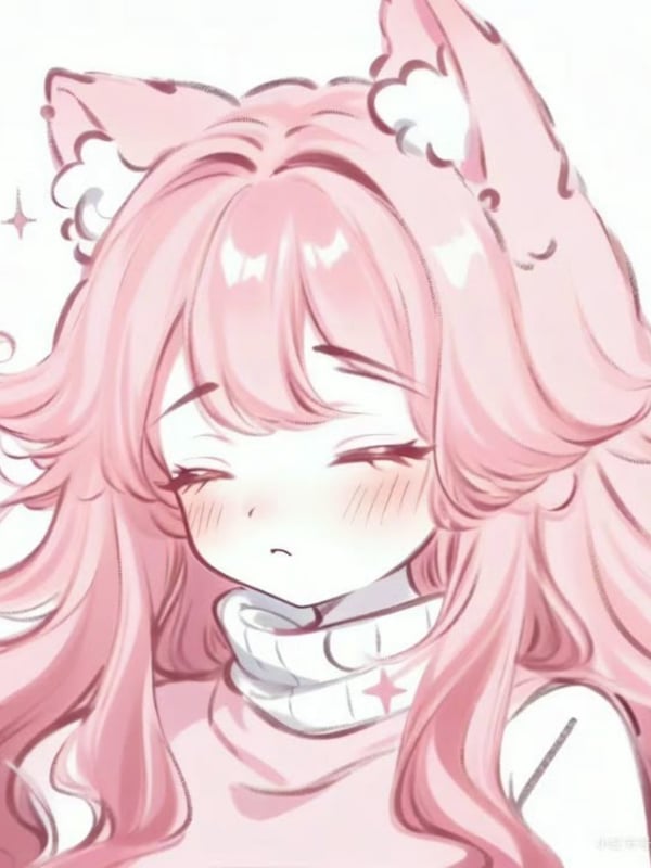 Cute anime-style illustration of a girl with pink hair, cat ears, and a shy expression, wearing a white sweater in soft pastel tones.