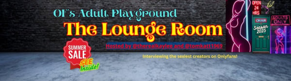 Promotional banner with neon signs and text highlighting 'The Lounge Room' as an adult playground on OnlyFans, featuring sale promotions.