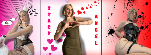 Three images of a young woman in playful costumes and outfits, posing with heart gestures against colorful backgrounds.