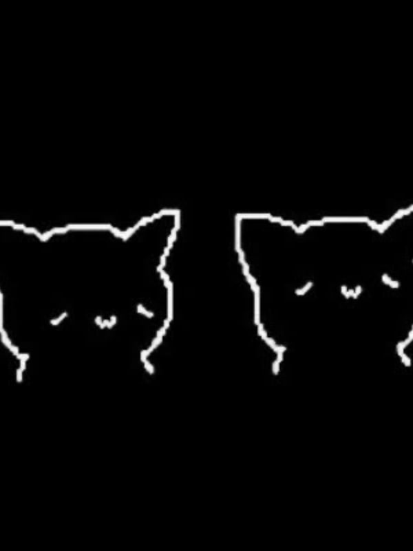 A simple black and white line art illustration of two cute cartoon cat faces with sleepy expressions.
