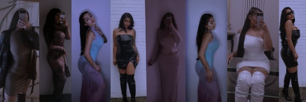 A series of photos showing a woman in various stylish outfits posing confidently in indoor settings with soft lighting.