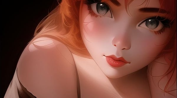 Anime-style illustration of a young woman with long red hair, green eyes, and a soft smile, posed against a dark background with warm lighting.