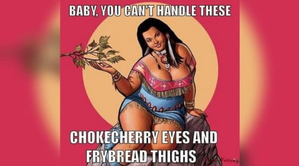 Artistic illustration of a curvy woman in traditional Native American attire holding a branch, with playful text overlay on a colorful background.
