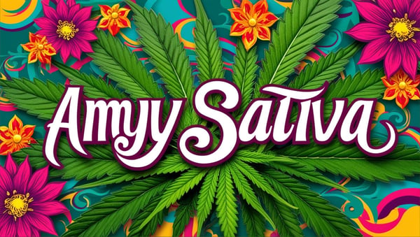 Colorful graphic design featuring the stylized name 'Amyy Sativa' surrounded by vibrant flowers and cannabis leaves on a psychedelic background.