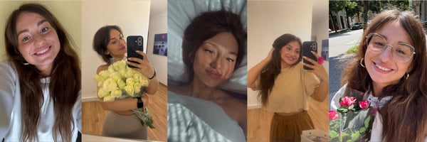 A young woman with long brown hair in multiple selfies, posing with yellow and red roses, wearing casual tops in various indoor and outdoor settings.