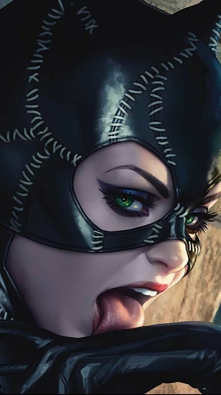 A woman dressed in a sleek black catsuit with mask, posing seductively with tongue out against a dark background.